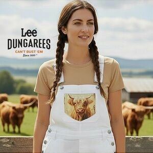 Lee Overalls Shortalls Dungarees with Highland cow Motif. Custom, New w/o tag